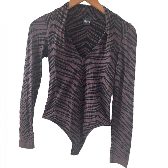 Wolford Tops - Wolford Black & Brown Tiger Stripe Long Sleeve Thong Bodysuit/ small